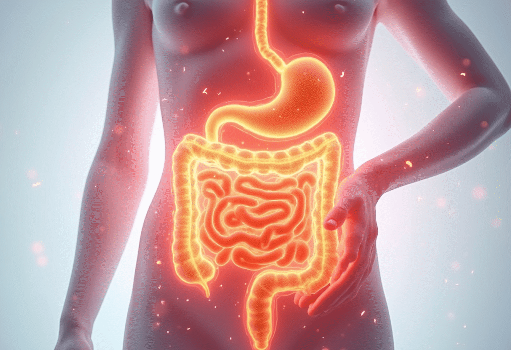 Close-up of a beneficial gut microbe surrounded by particles, representing the gut microbiome and its role in digestive health.