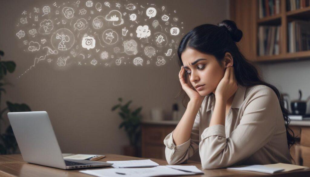 Woman struggling with focus and brain fog while working on a laptop