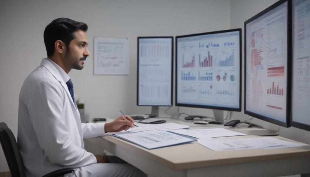 Doctor analyzing genetic data on tablet for personalized treatment