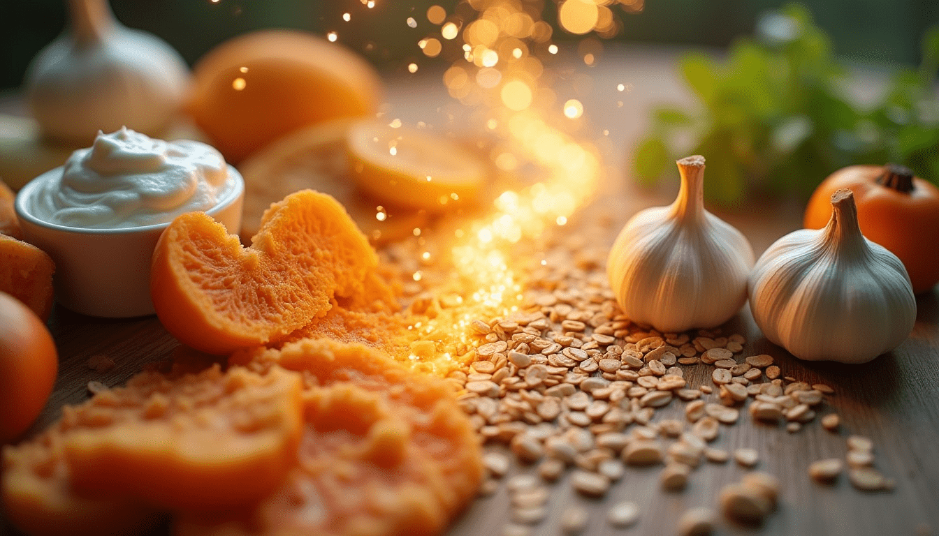 Natural prebiotic foods like garlic, sweet potatoes, and oats supporting gut flora balance