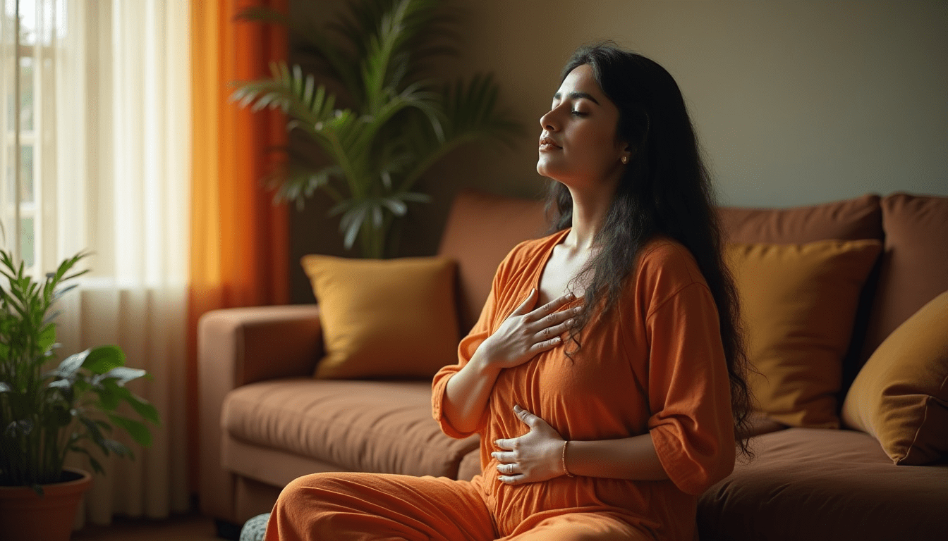 Indian woman practicing calm breathing for anxiety relief through limbic retraining.