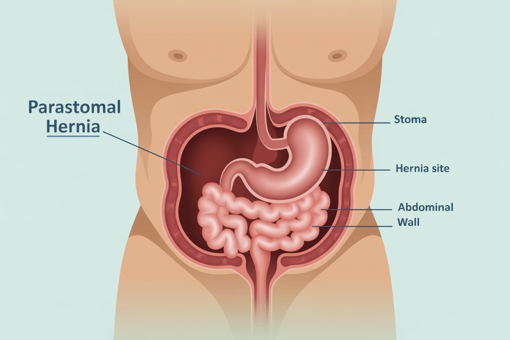 Medical illustration showing a parastomal hernia around a stoma with labeled anatomy of the abdominal wall, stoma, and hernia site – educational image for patient awareness.