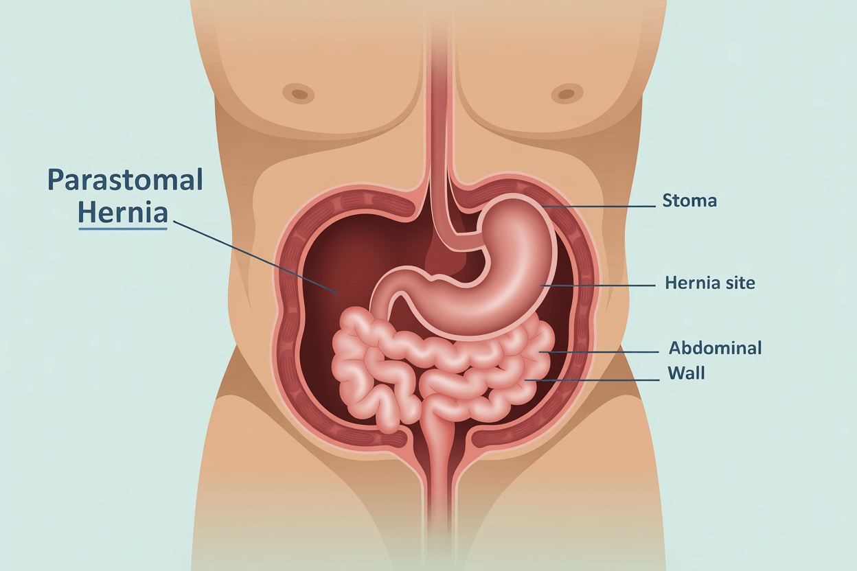 Medical illustration showing a parastomal hernia around a stoma with labeled anatomy of the abdominal wall, stoma, and hernia site – educational image for patient awareness.