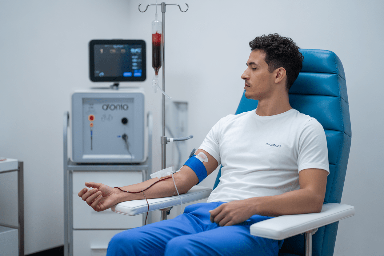 Major autohemotherapy session showing blood ozonation and reinfusion under medical supervision.