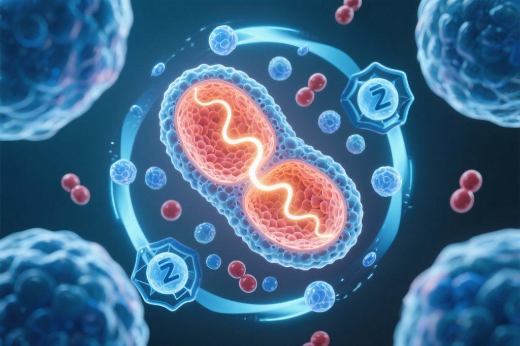 Microscopic view of mitochondria and antioxidant activity illustrating ozone therapy’s cellular healing process.