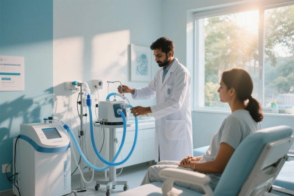 Doctor preparing ozone therapy equipment for patient at a modern medical wellness center in Bengaluru.