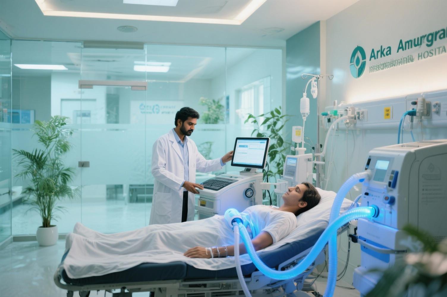 Doctor administering ozone therapy at Arka Anugraha Hospital in Bengaluru, showcasing a modern integrative medicine setup with oxygen energy and healing light atmosphere.