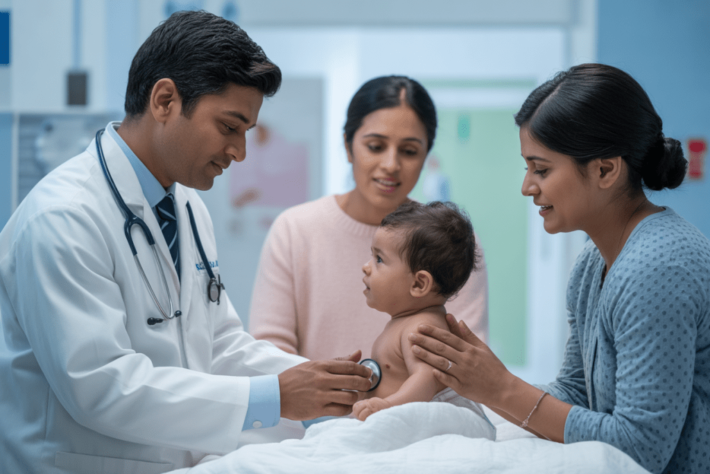Indian pediatric surgeon examining a baby’s abdomen while comforting parents at ARKA Anugraha Hospital in Bangalore, highlighting expert hernia care for children.