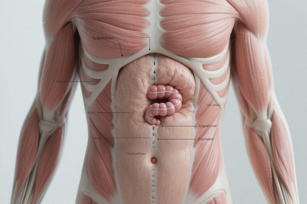 Medical illustration of an epigastric hernia showing fatty tissue pushing through the abdominal wall along the upper midline between the breastbone and navel