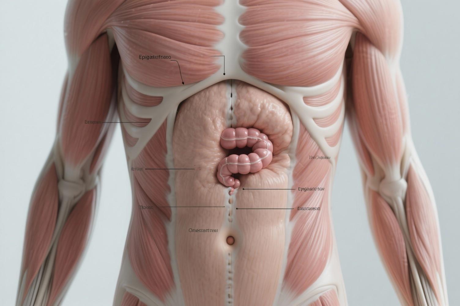 Medical illustration of an epigastric hernia showing fatty tissue pushing through the abdominal wall along the upper midline between the breastbone and navel
