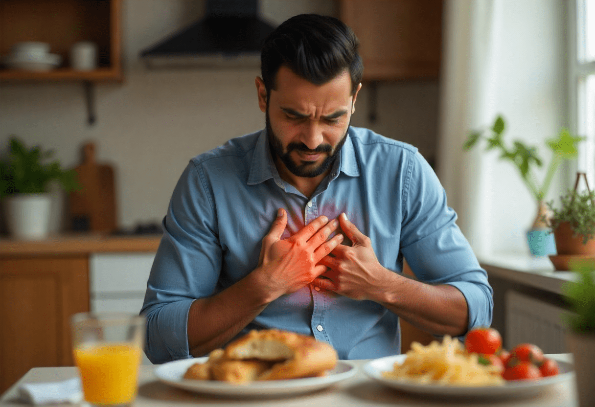 Indian man in Bengaluru experiencing heartburn and acid reflux from hiatal hernia