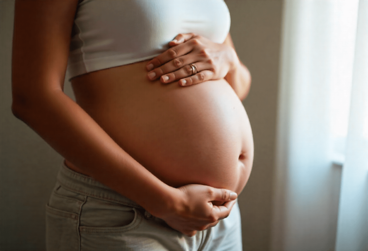 Post-pregnancy woman in Bengaluru with visible umbilical hernia near belly button