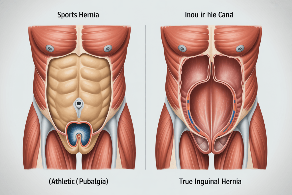 Anatomical comparison showing the difference between a sports hernia (athletic pubalgia) and a true inguinal hernia in the lower abdomen and groin