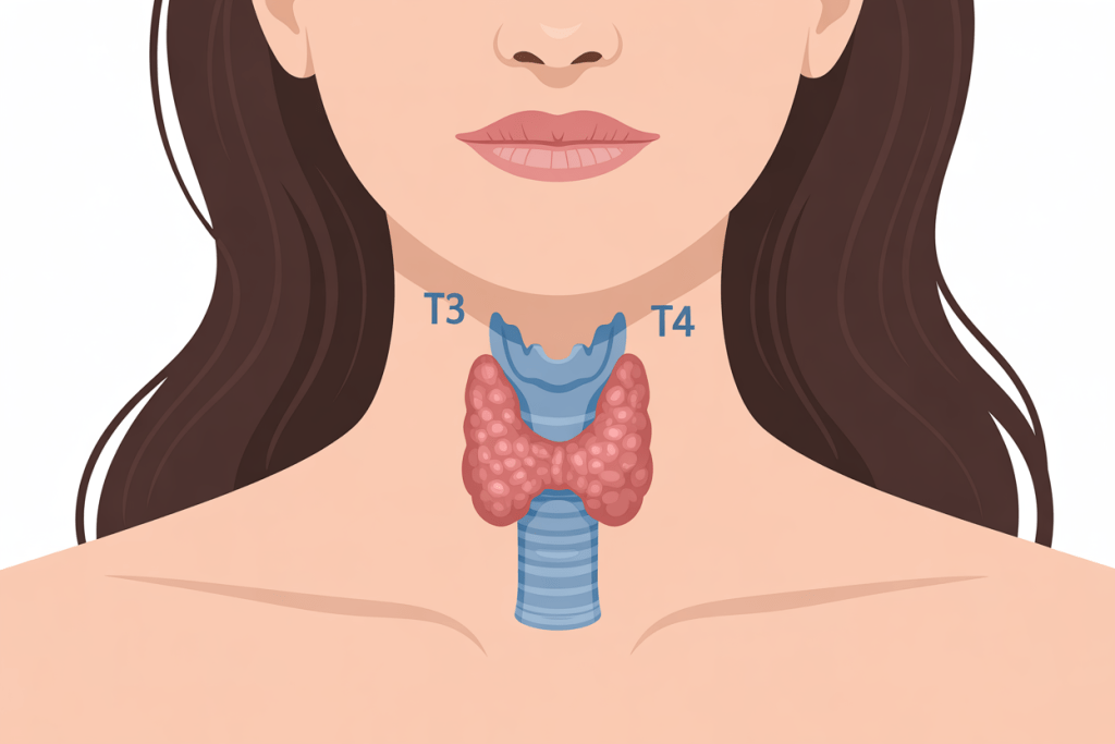 Medical illustration showing the thyroid gland in the neck and its role in hormone production for metabolism and fertility