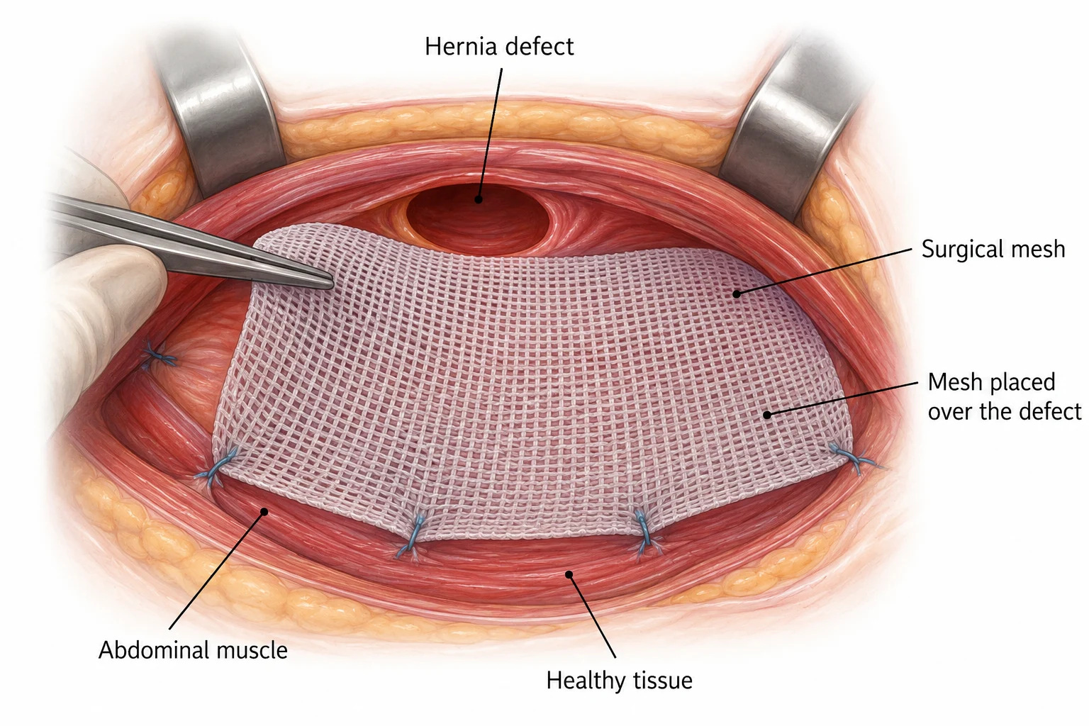Hernia mesh repair illustration, Bangalore hernia surgery.