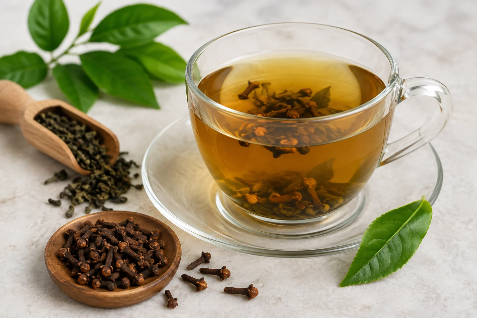 Cup of clove green tea with whole cloves and green tea leaves